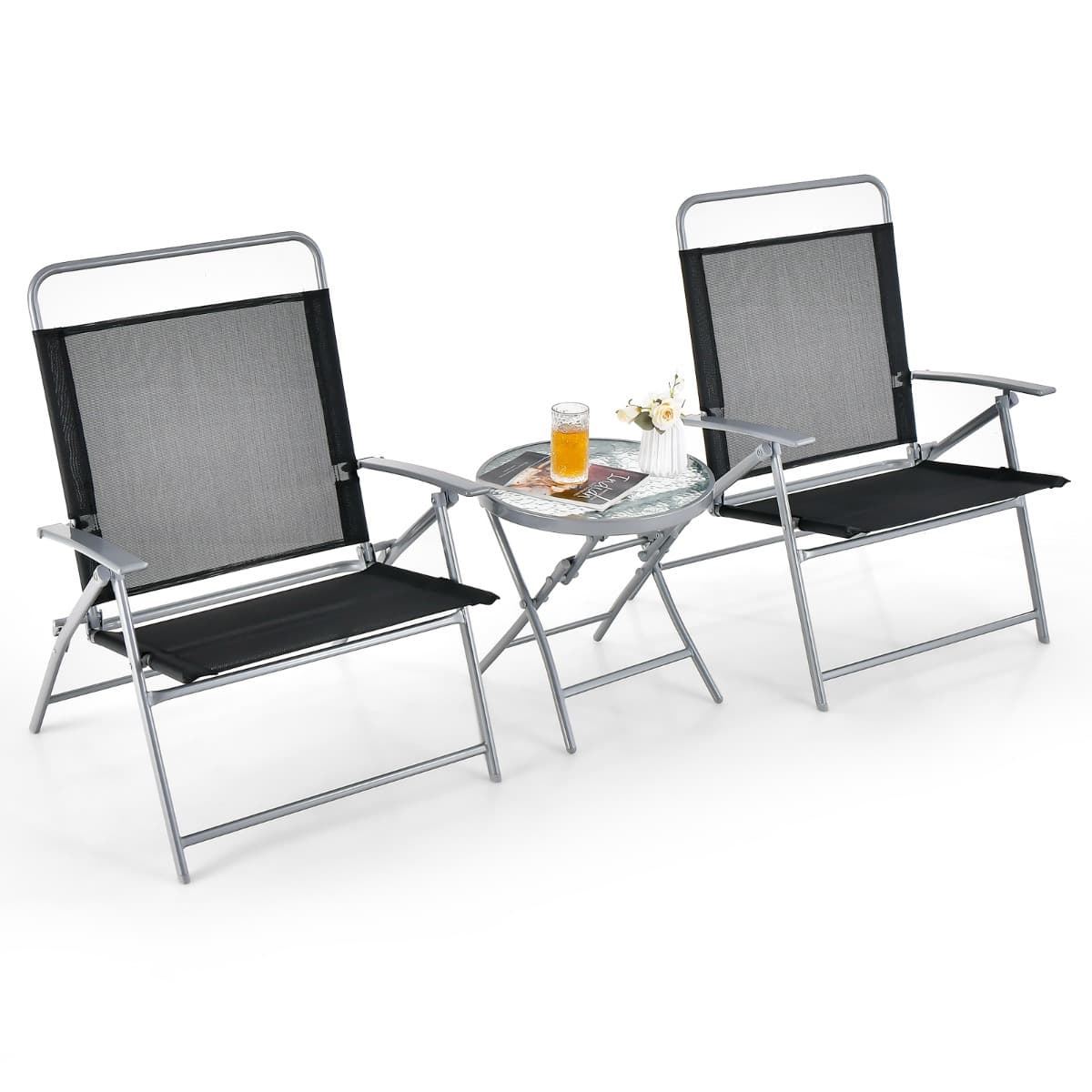 CostwaySalon de Jardin 3 Pièces pour Patio Cadre Métallique avec Table Basse en Verre Trempé Ensemble de Chaises et Table Pliantes Portables Noir