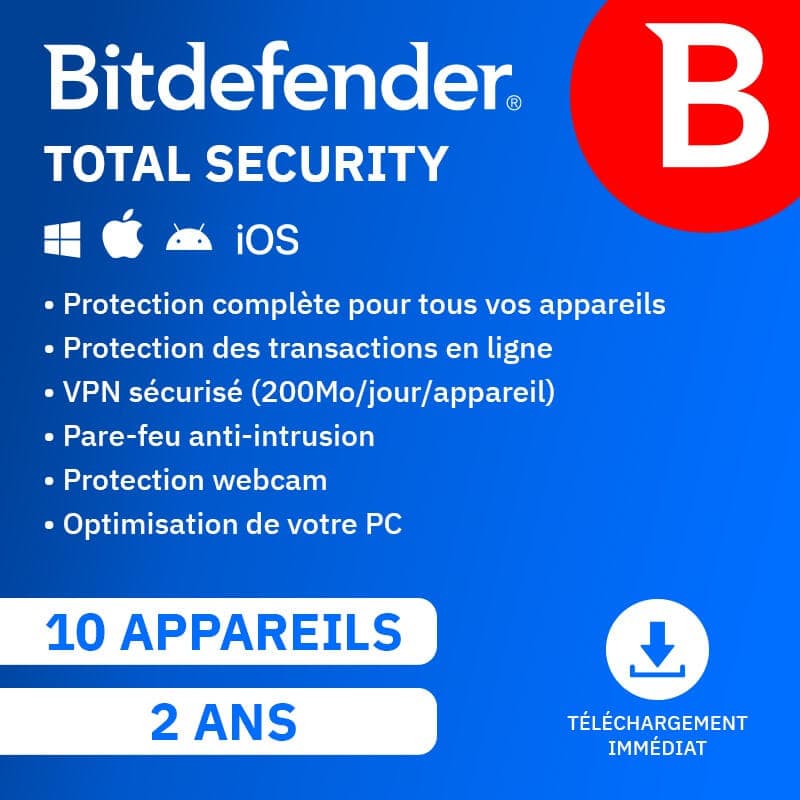 Bitdefender Total Security 2026 | Renouvellement automatique | 10 Appareils | 2 Ans | Téléchargement